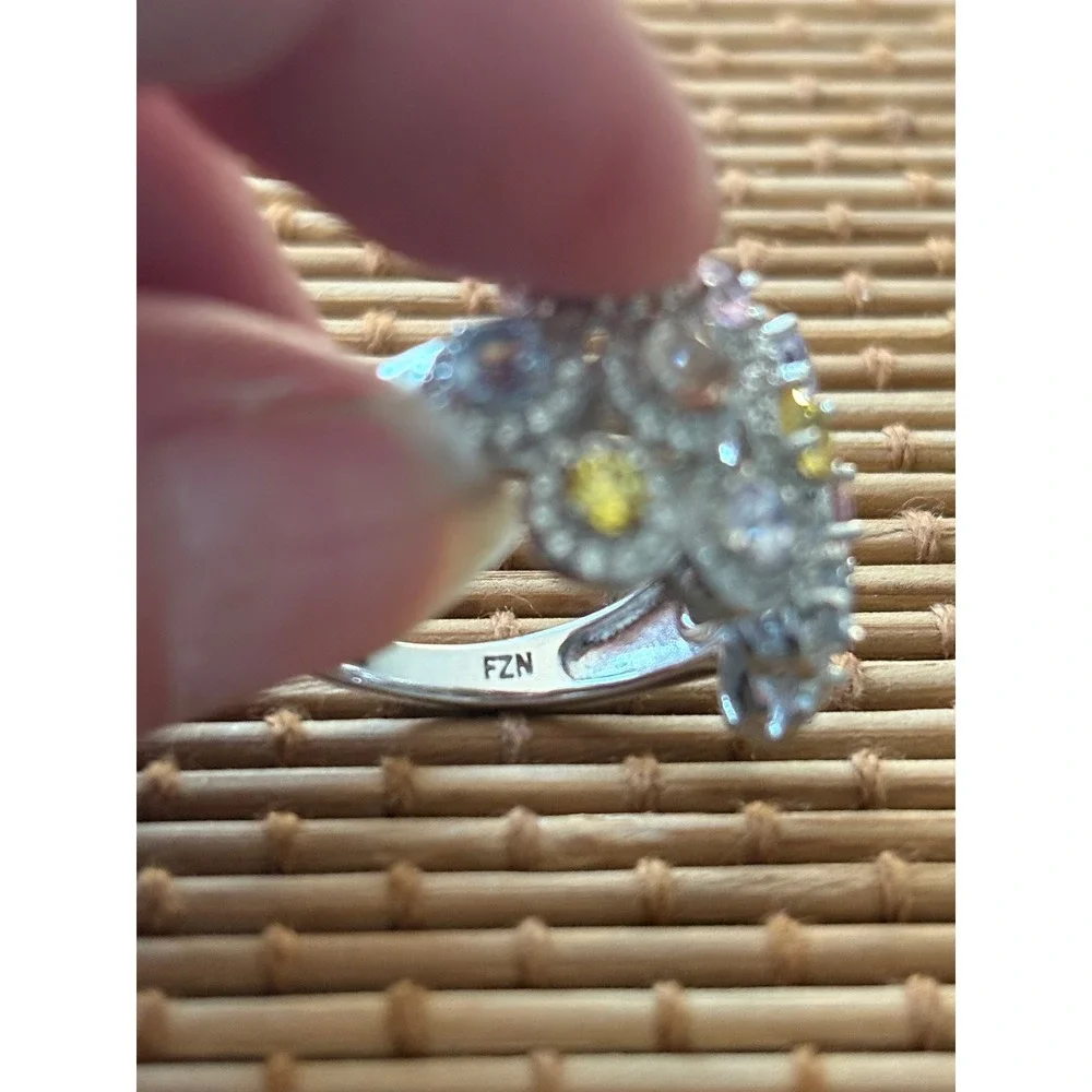 FZN 925 Sterling Pastel Multi Gemstone‎ Cluster Halo Statement Ring Sz 8.5-9